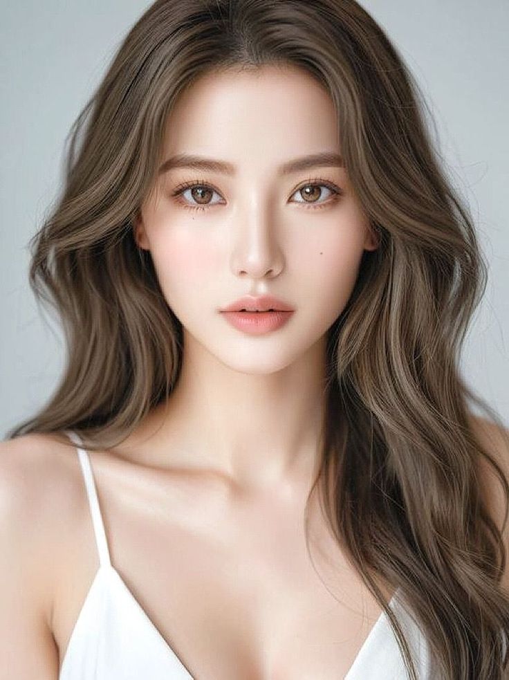 Woman with long wavy brown hair wearing a white top, looking directly at the viewer