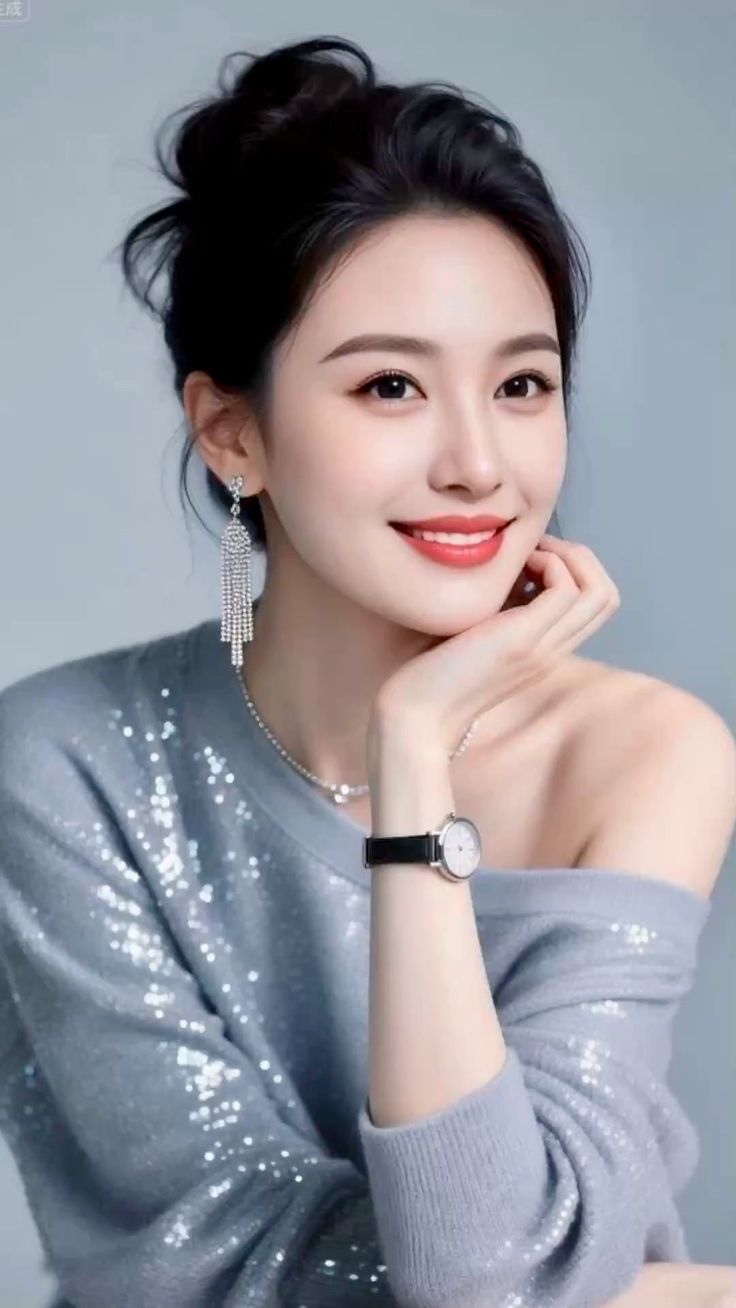Woman in a sparkly off-shoulder sweater with an updo and jewelry