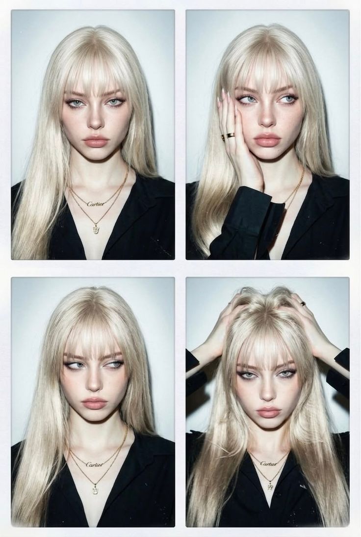 Woman with blonde hair and bangs in a black shirt, shown in four different poses