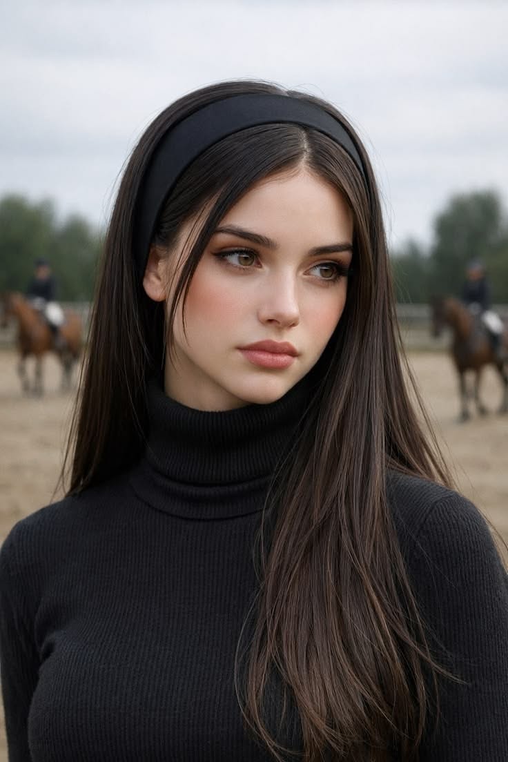 Woman with long dark hair and a black headband wearing a turtleneck outdoors