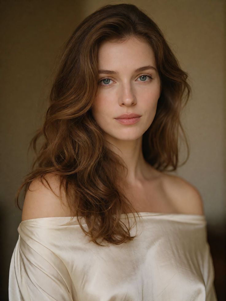 Woman with long wavy hair and blue eyes wearing an off-shoulder top