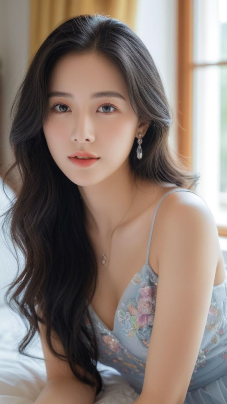Woman with long dark hair wearing a light blue floral dress and jewelry indoors