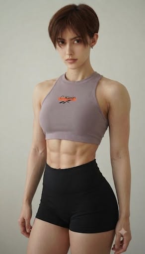 Woman with short hair and muscular body wearing a sports bra and shorts