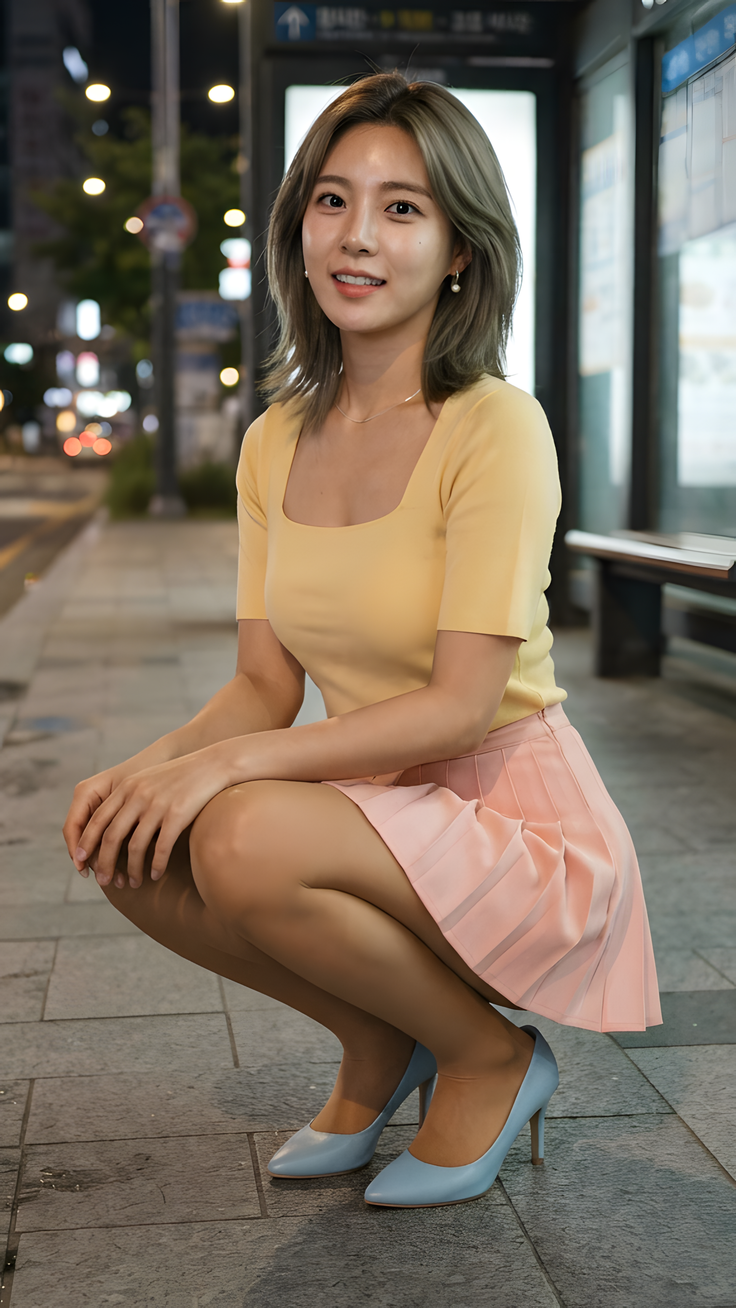 Woman with short hair in a pink skirt and yellow top squatting outdoors at night