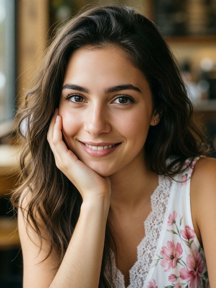 Woman with long wavy hair smiling, wearing a floral top with lace trim