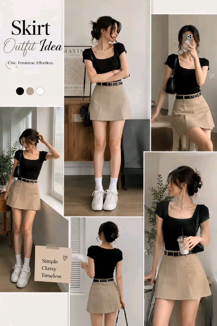Woman in a black top and beige mini skirt with white sneakers indoors