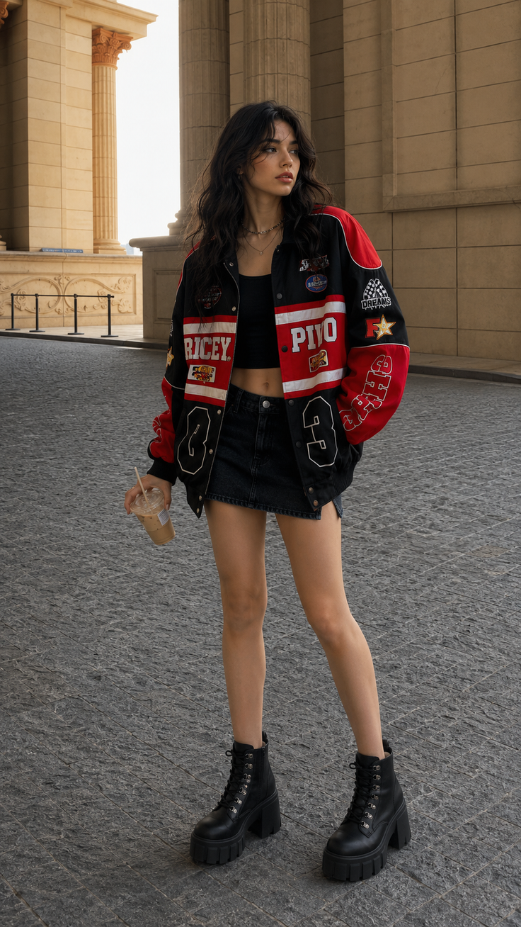 Woman in a racing jacket and denim skirt holding a drink outdoors