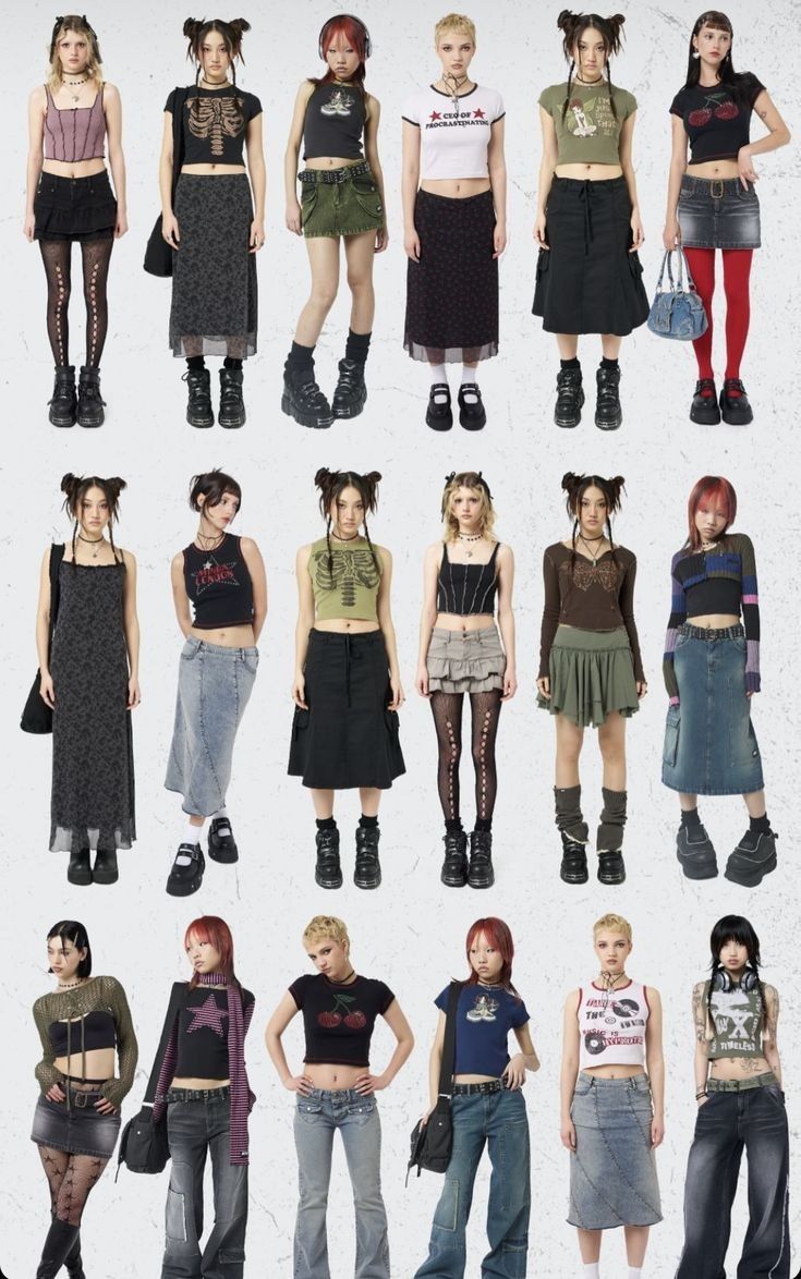 Multiple women showcasing various alternative fashion outfits in a studio setting