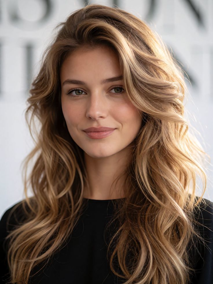 Woman with long wavy blonde hair and green eyes in a soft-lit portrait