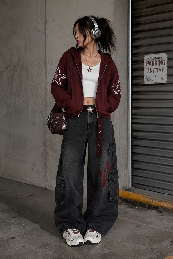 Woman in a maroon hoodie, baggy jeans, and headphones in an urban setting