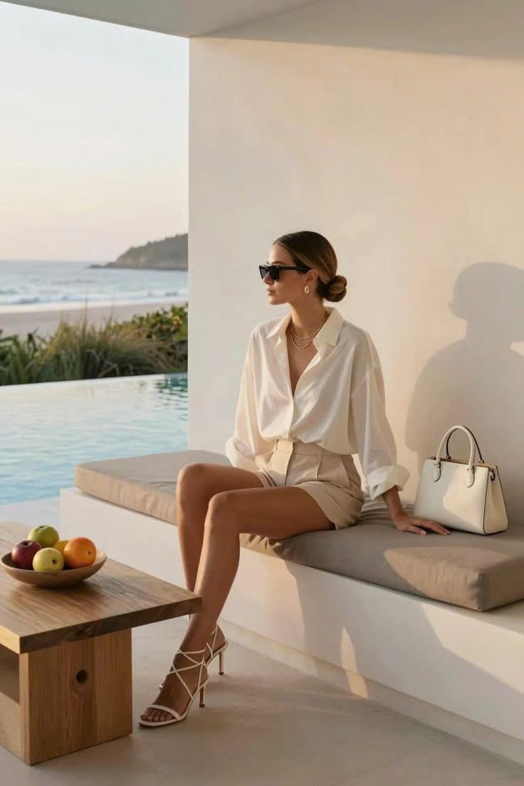 Woman in a white shirt and shorts sitting by an infinity pool overlooking a beach