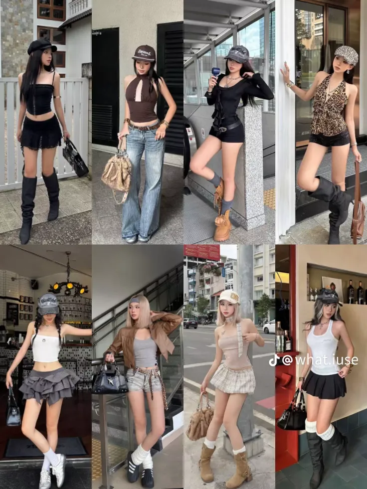 Multiple women posing in various street style outfits with hats and boots