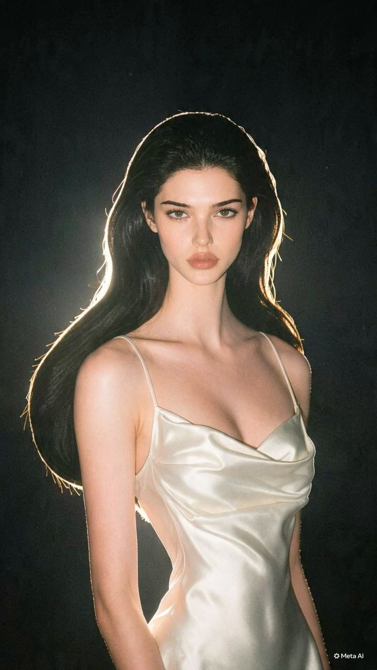 Woman with long black hair in a white slip dress with backlight