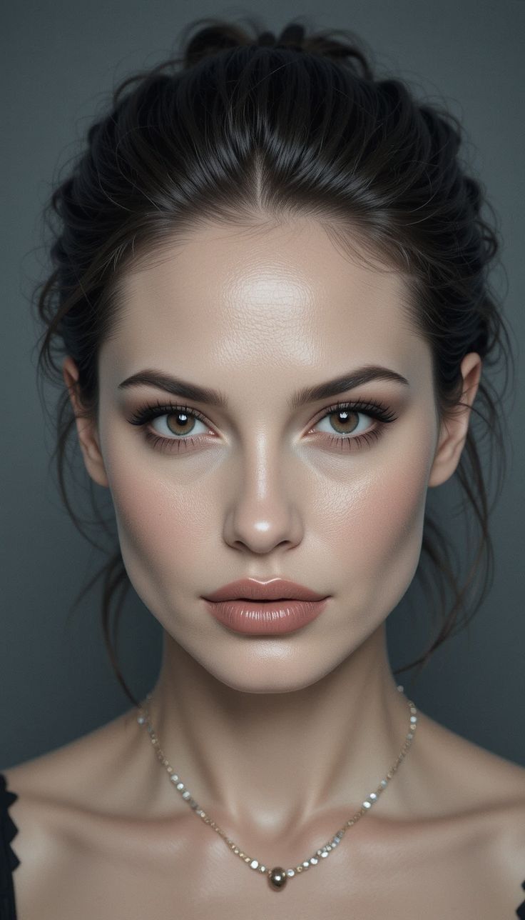 Woman with dark hair in an updo wearing a delicate necklace
