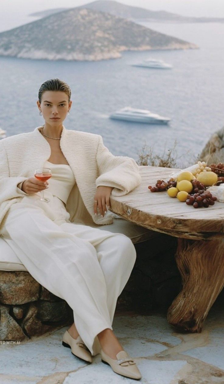 Woman in a white outfit holding a drink, sitting at a table with a sea view