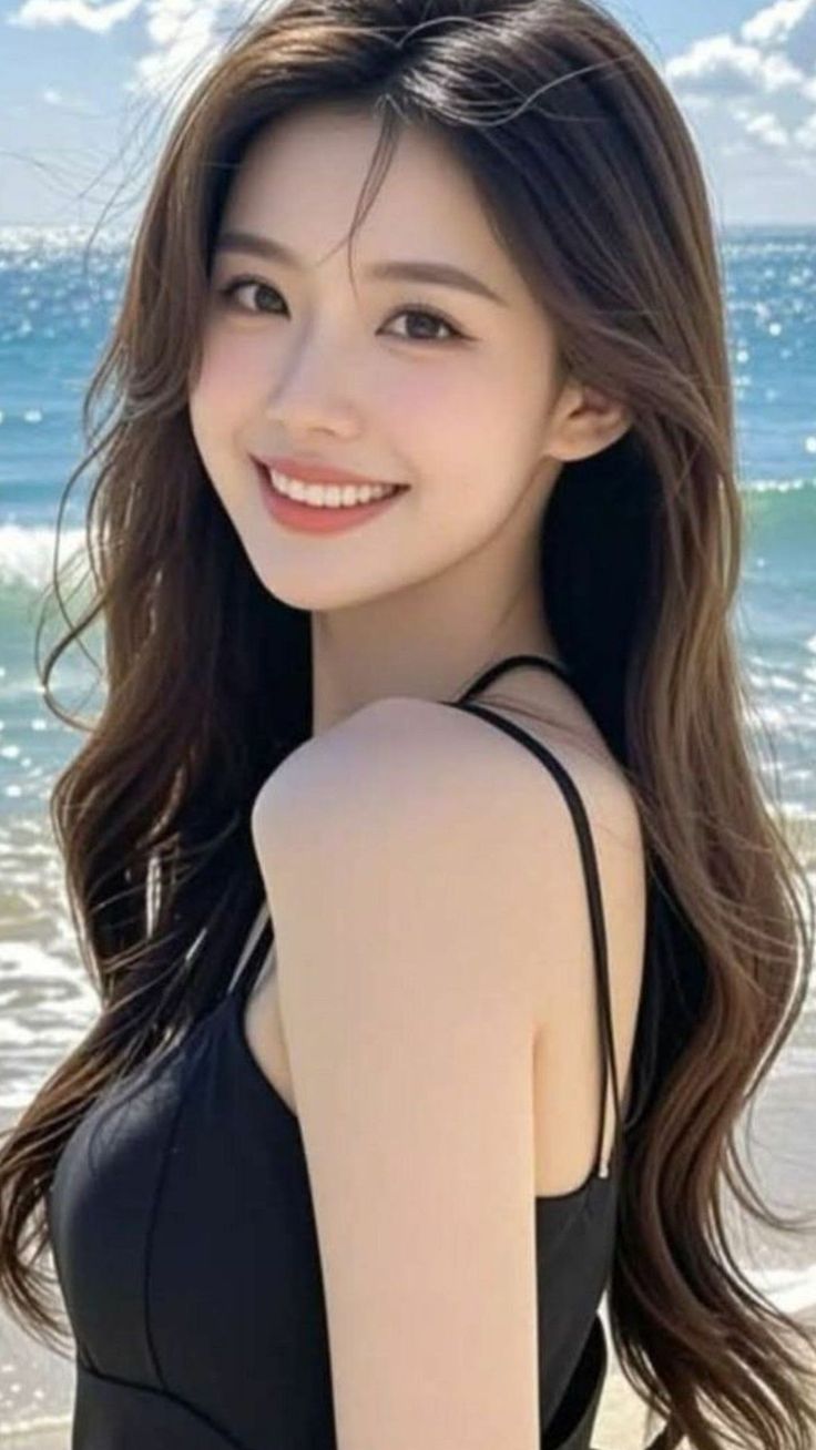 Smiling woman with long hair in a black swimsuit at the beach