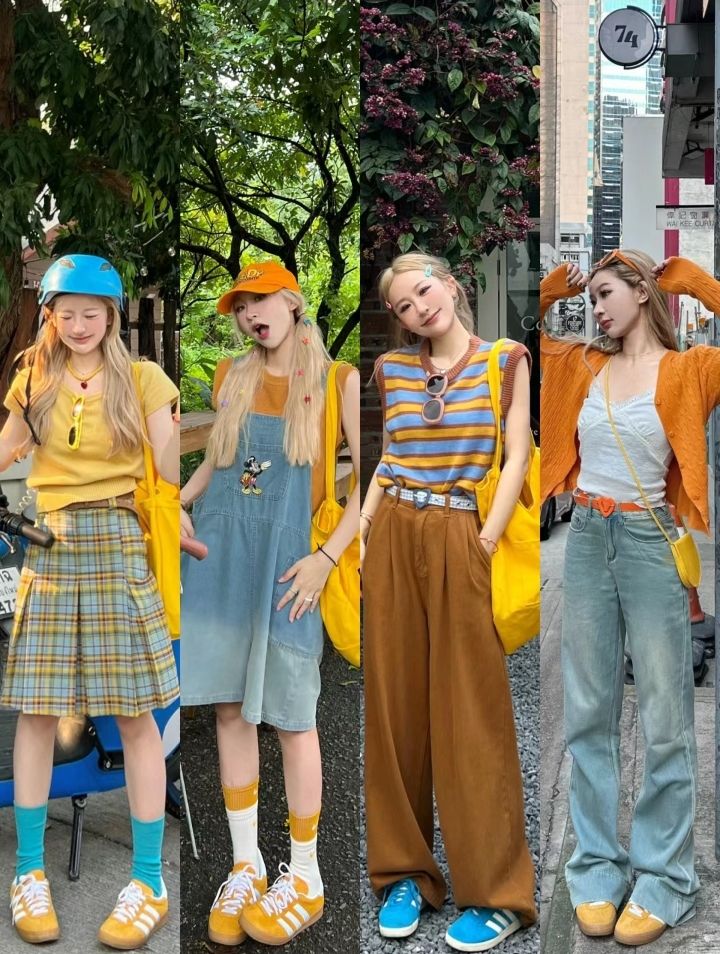 Four women in casual outfits posing on a street