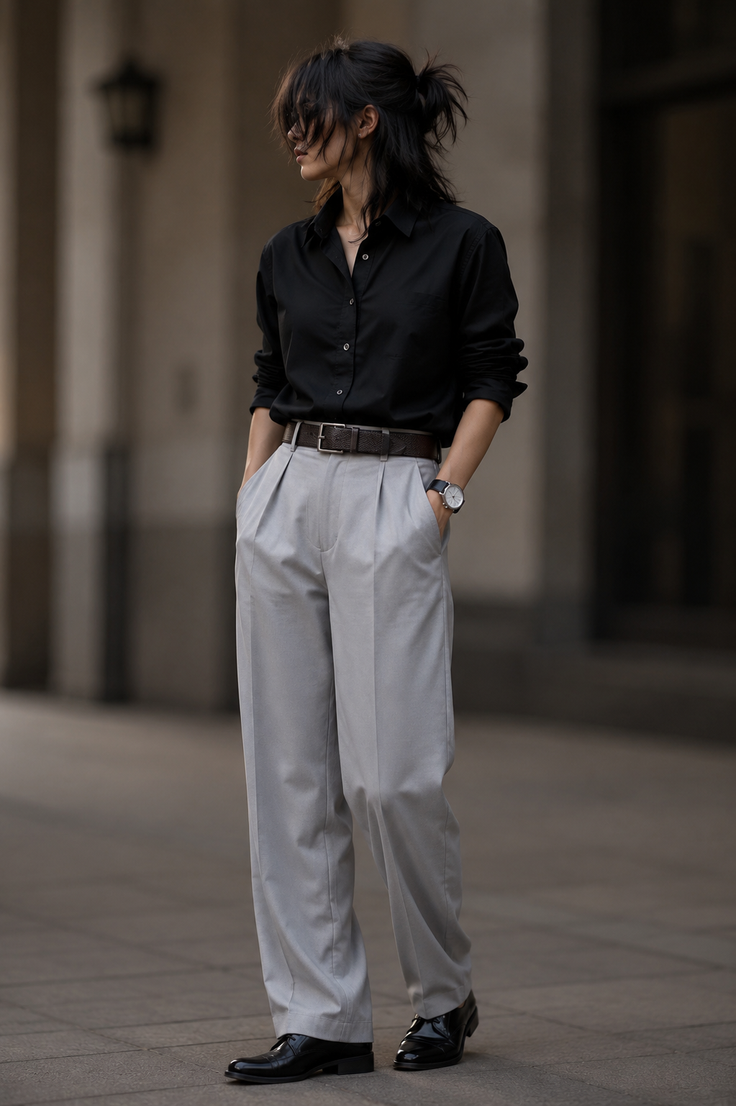 Person in a black shirt and light gray pants with a messy bun outdoors