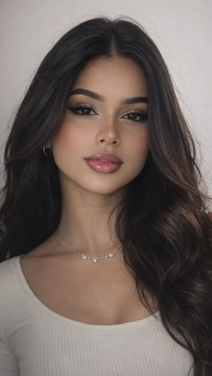 Woman with long dark hair and subtle makeup wearing a necklace and nose ring