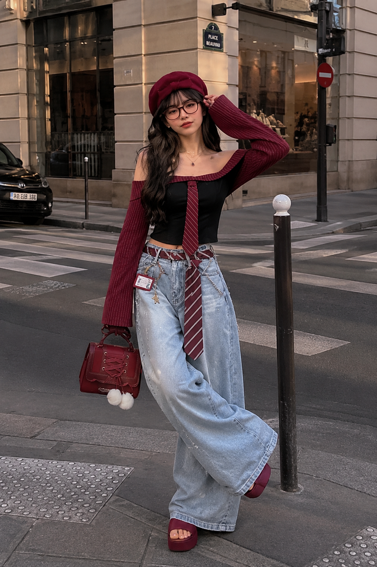 Woman in a beret and off-shoulder top with wide-leg jeans on a city street