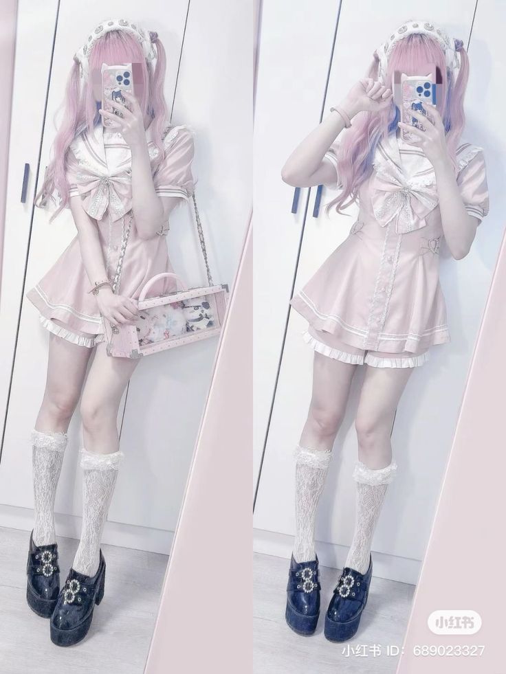 Person with pink twin tails wearing a pink sailor dress and lace socks