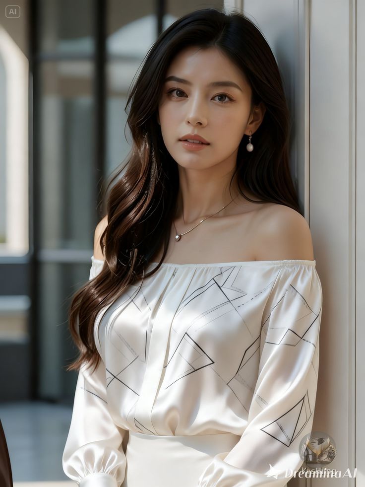 Woman with long dark hair wearing an off-shoulder top and pearl jewelry
