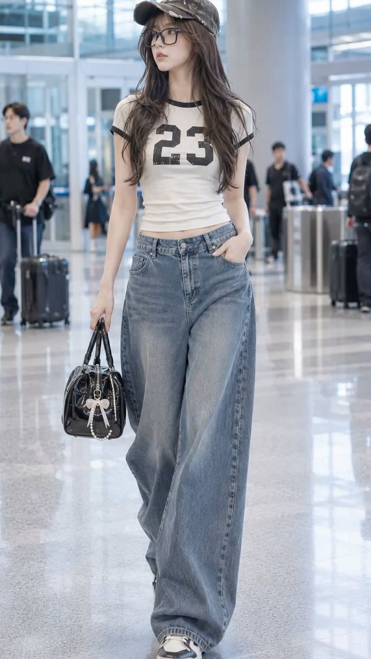 Woman in a crop top, wide leg jeans, and baseball cap walking through an airport