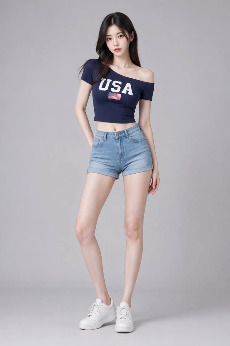 Woman in an off-shoulder USA top and denim shorts posing in a studio