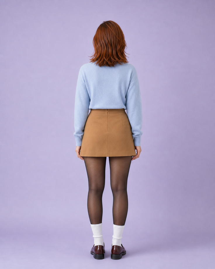 Woman with brown hair wearing a light blue sweater and brown skirt, seen from behind