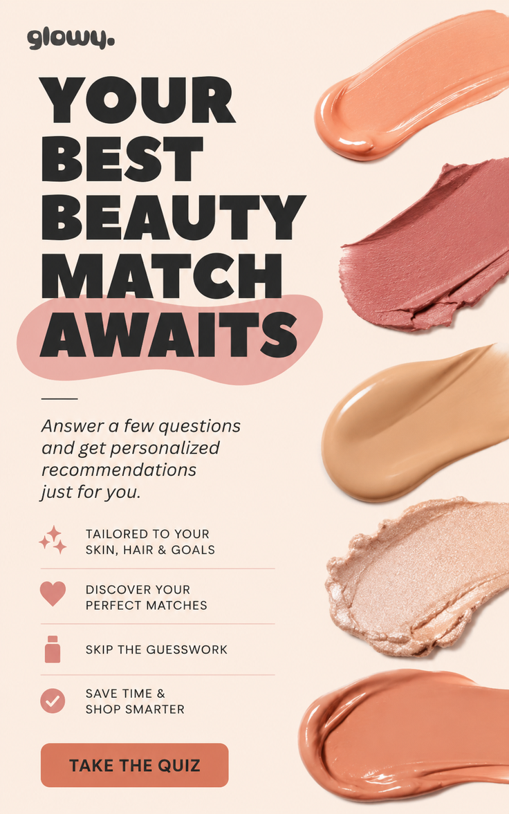 Promotional ad for beauty products with makeup swatches and text