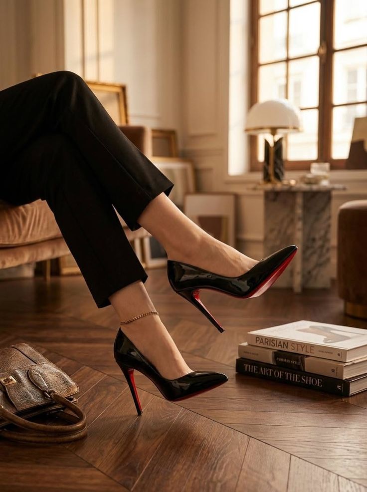 Person wearing black high heels and pants with an anklet indoors