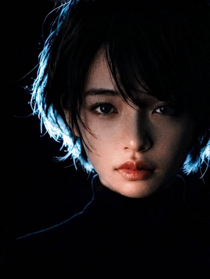 Woman with short black hair in a turtleneck with dramatic blue backlight