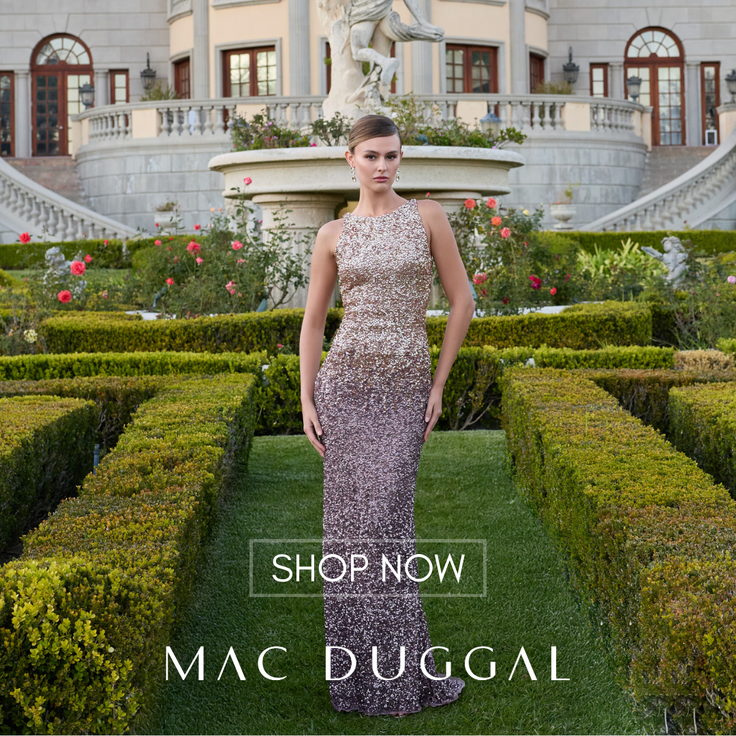 Woman in a sequin gown posing in a formal garden with a mansion in the background