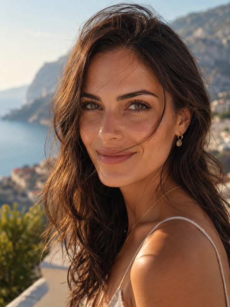Woman with long brown hair smiling outdoors with an ocean view