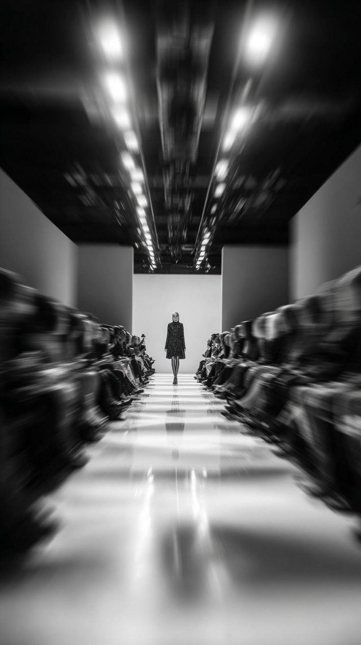 Model walking down a runway in a fashion show with motion blur