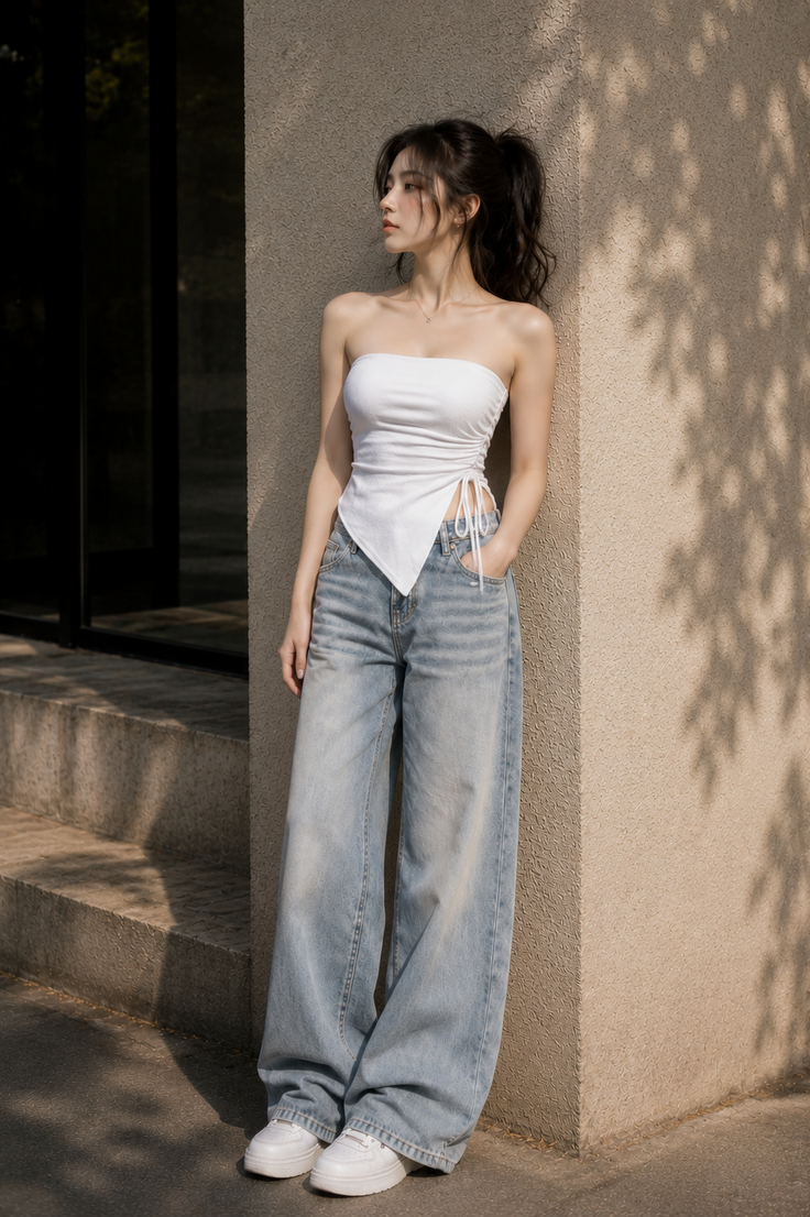 Woman in a white tube top and baggy jeans leaning against a wall outdoors
