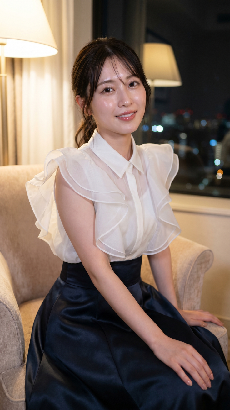 Woman in a white ruffle shirt and dark skirt sitting indoors at night