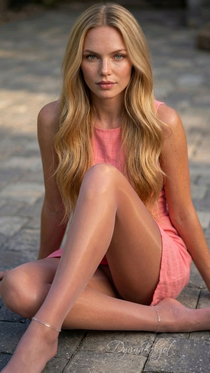 Woman with blonde hair and freckles wearing a pink dress and pantyhose, sitting outdoors