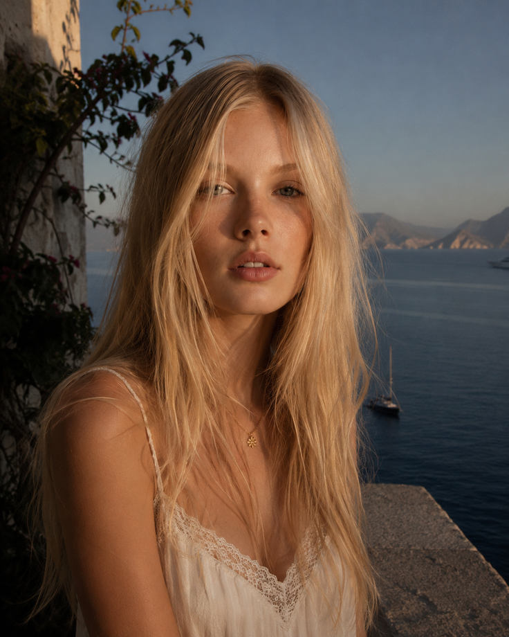 Blonde woman in a white top with lace trim overlooking the sea at golden hour