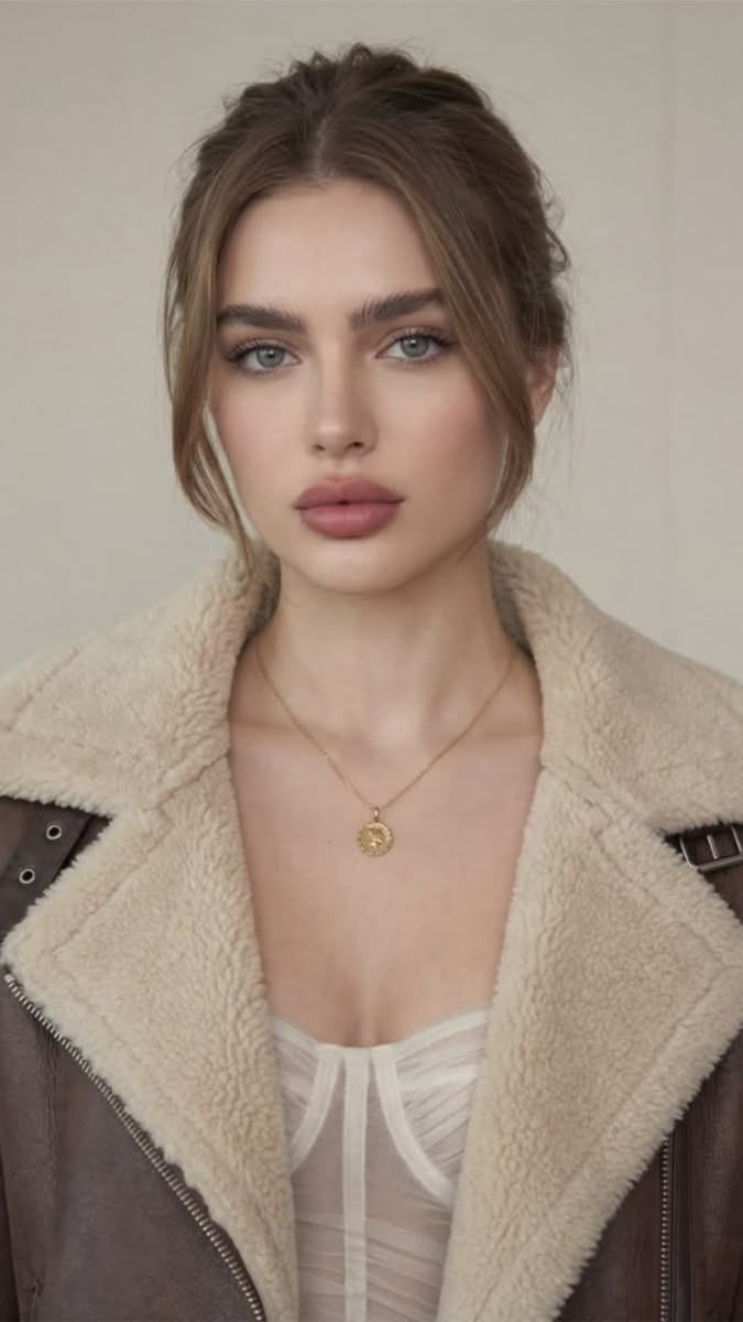 Woman with brown hair in an updo wearing a brown shearling jacket and gold necklace