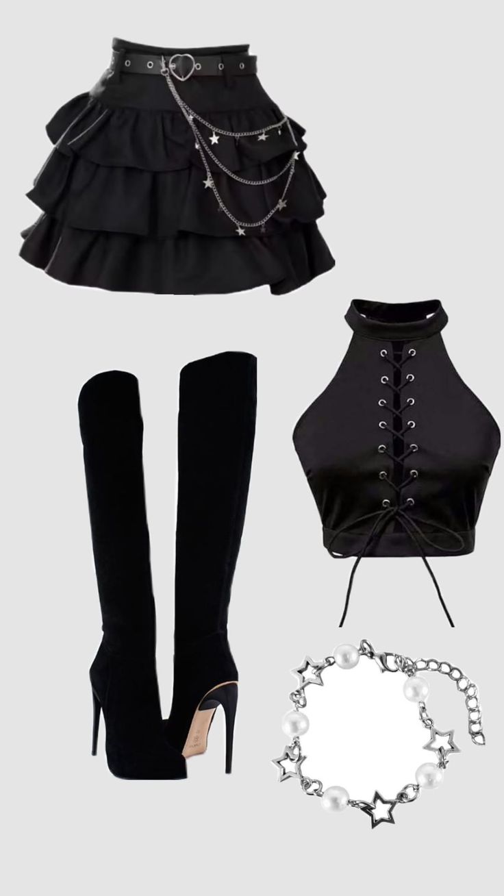 Collection of black clothing and accessories including a ruffled skirt and lace-up top