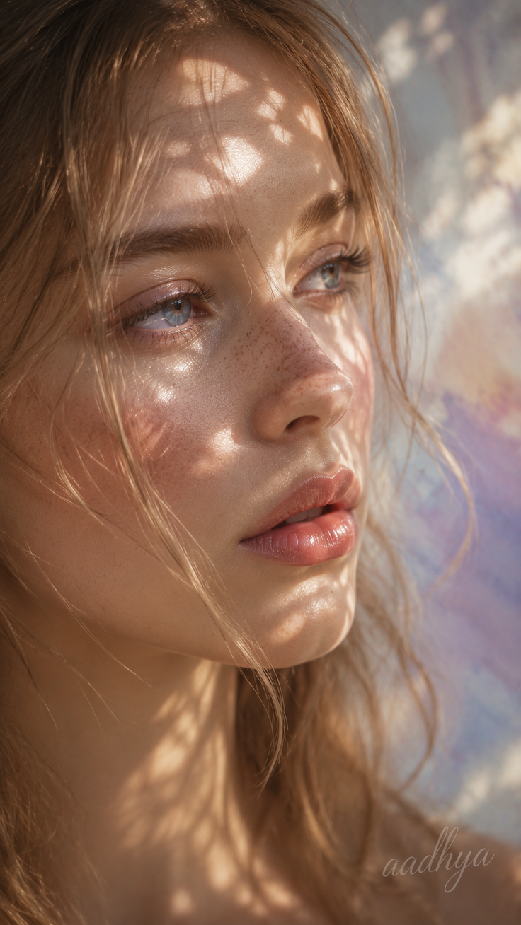 Close-up portrait of a woman with freckles and blue eyes, dappled in sunlight