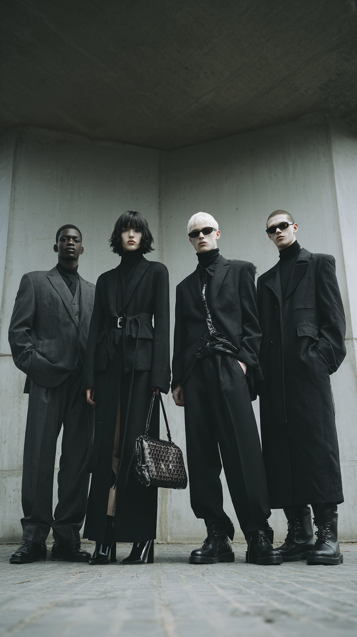 Four models in dark clothing and sunglasses posing outdoors