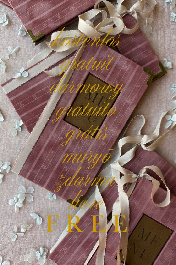 Pink menu books with ribbon bows and white flower petals, with 'FREE' text overlay