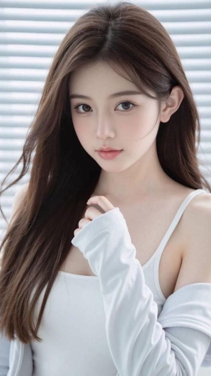 Woman with long brown hair wearing a white top indoors