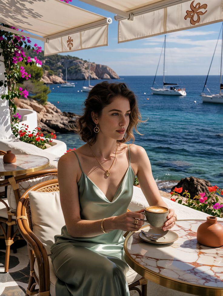 Woman in a silk dress enjoying coffee at an outdoor cafe with a sea view