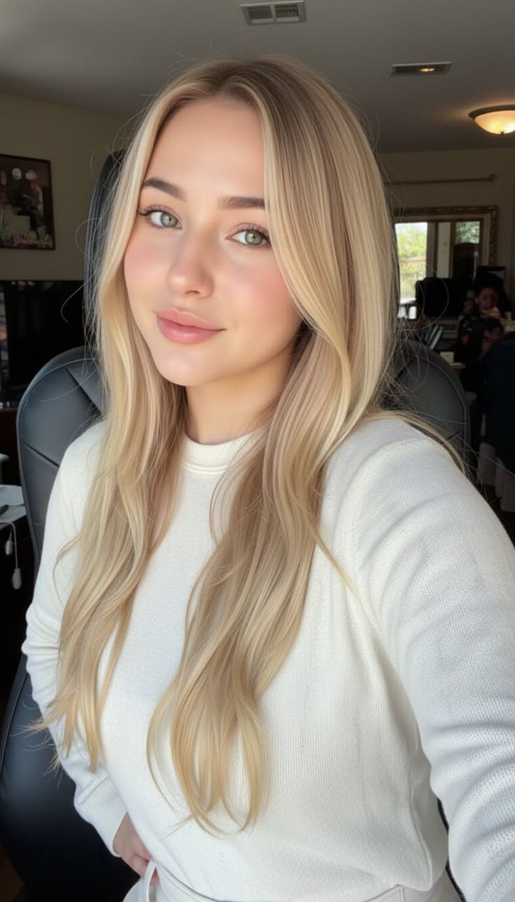 Blonde woman with green eyes wearing a white sweater, captured indoors