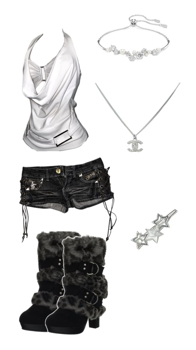 A collection of clothing and accessories including a white top, denim shorts, and fur boots