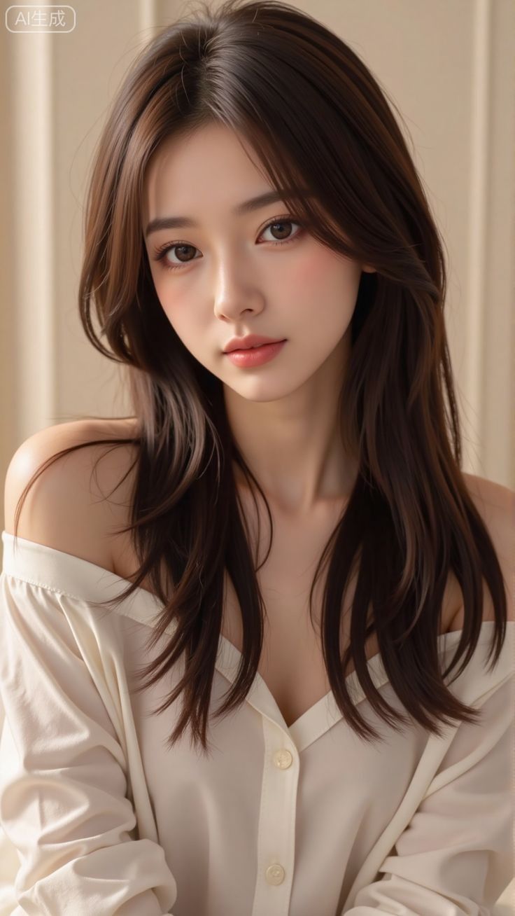 Woman with long brown hair wearing an off-shoulder top with exposed shoulders