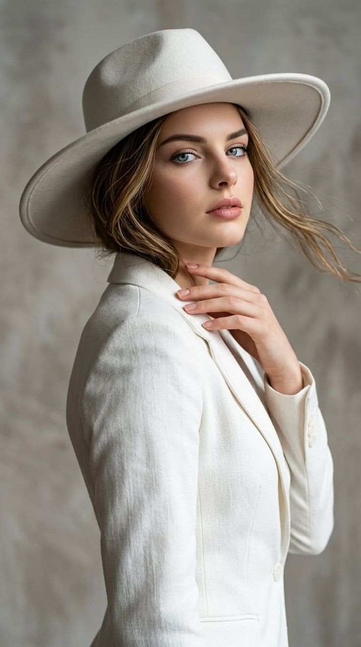 Woman in a white hat and blazer with long hair and blue eyes